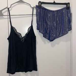 Victoria’s Secret Black Lace Intimate Tank with Navy Blue Sparkle Shorts Size S
